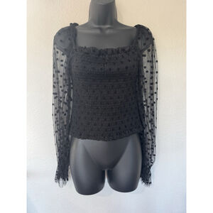 Mind Code Black Smocked Top Womens L Sheer Polka Dot Mesh Puff Sleeve